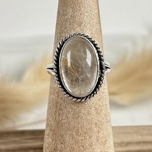 925 Sterling Silver Overlay Golden Rutilated Quartz Gemstone Ring Size 6.25-6.5